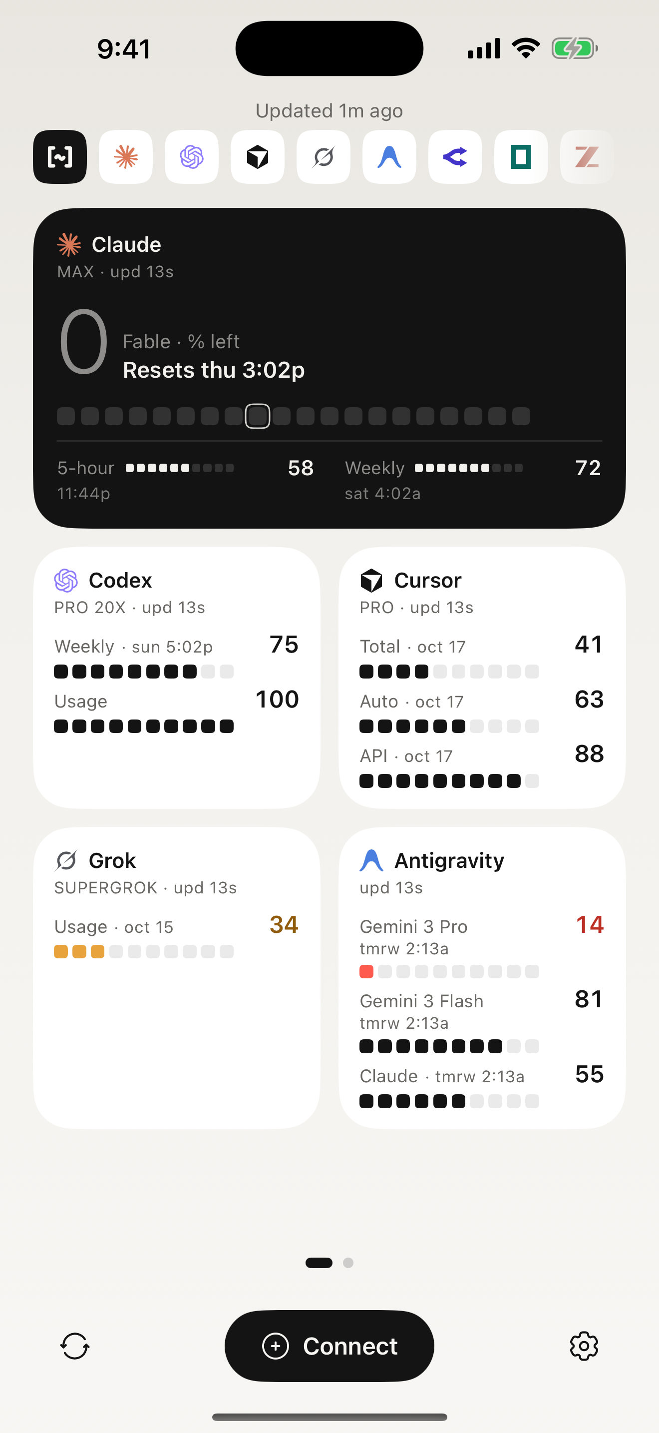 Token Range dashboard with a 9-provider chip rail, a black Claude hero card with a 20-cell pace-ring meter, and white Codex, Cursor, Grok, and Antigravity tiles, each with grid-cell meters, sample data