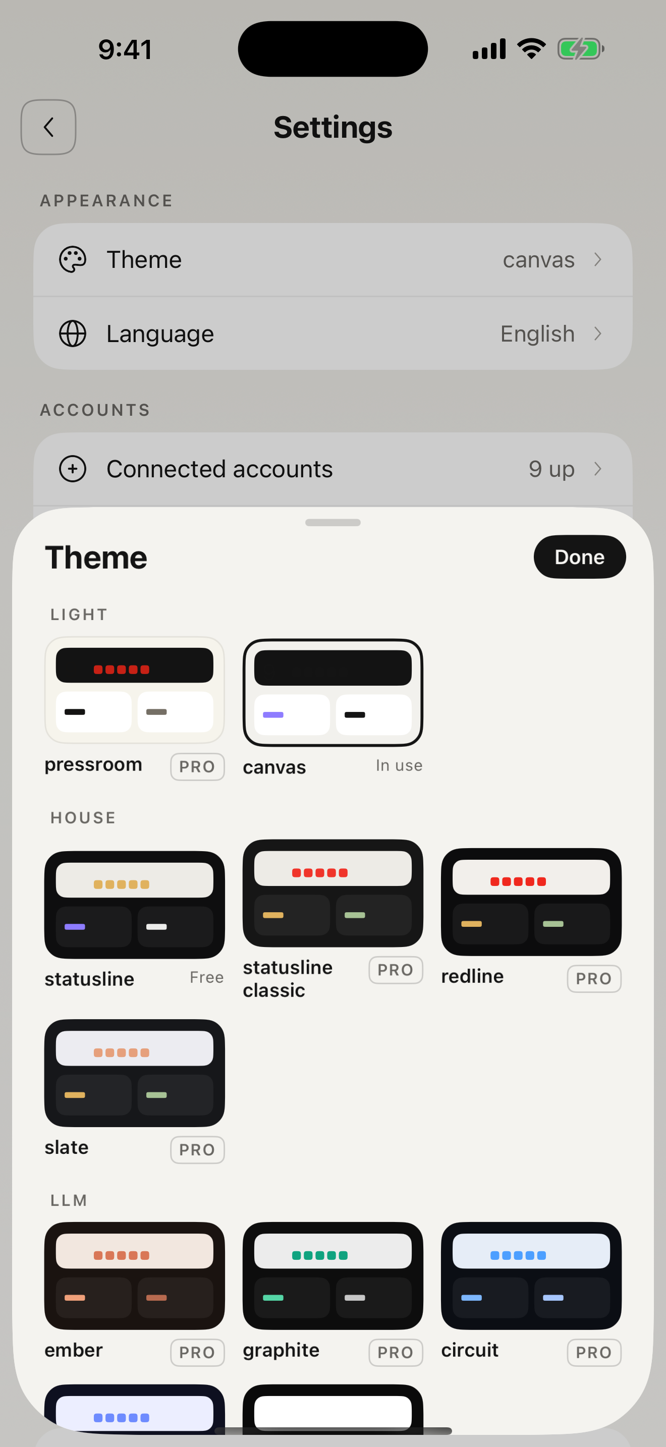 Token Range theme sheet showing light, house, LLM, and terminal skins grouped with PRO locks, canvas in use