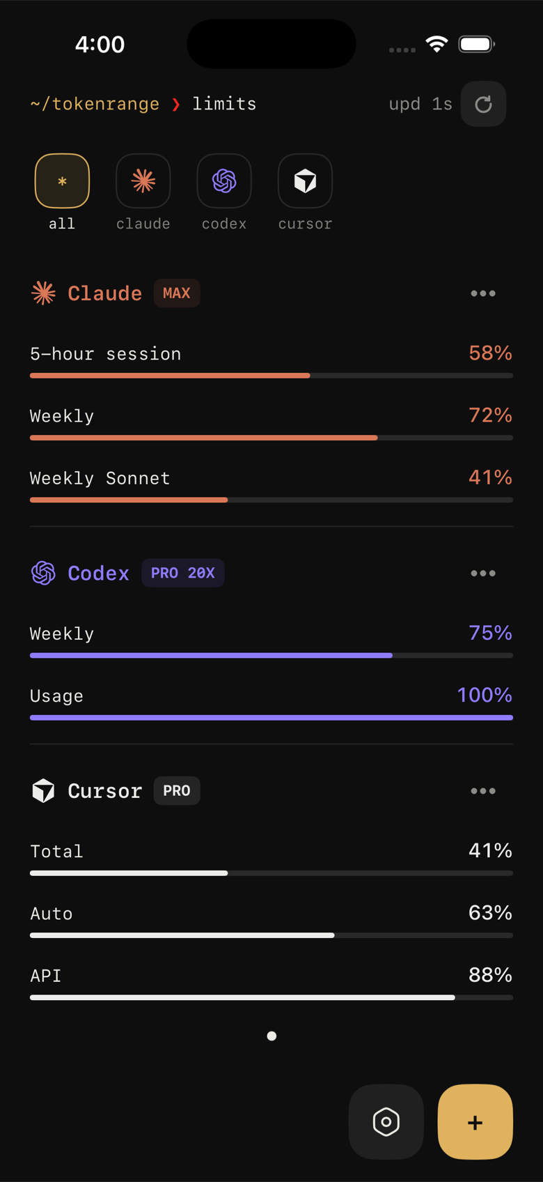Token Range dashboard showing live limits for Claude, Codex, and Cursor with percent remaining and urgency bars