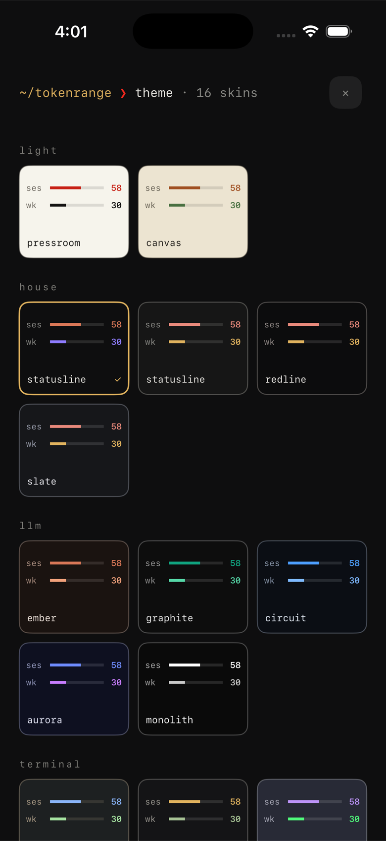 Token Range theme picker showing sixteen terminal colorschemes with live skin previews